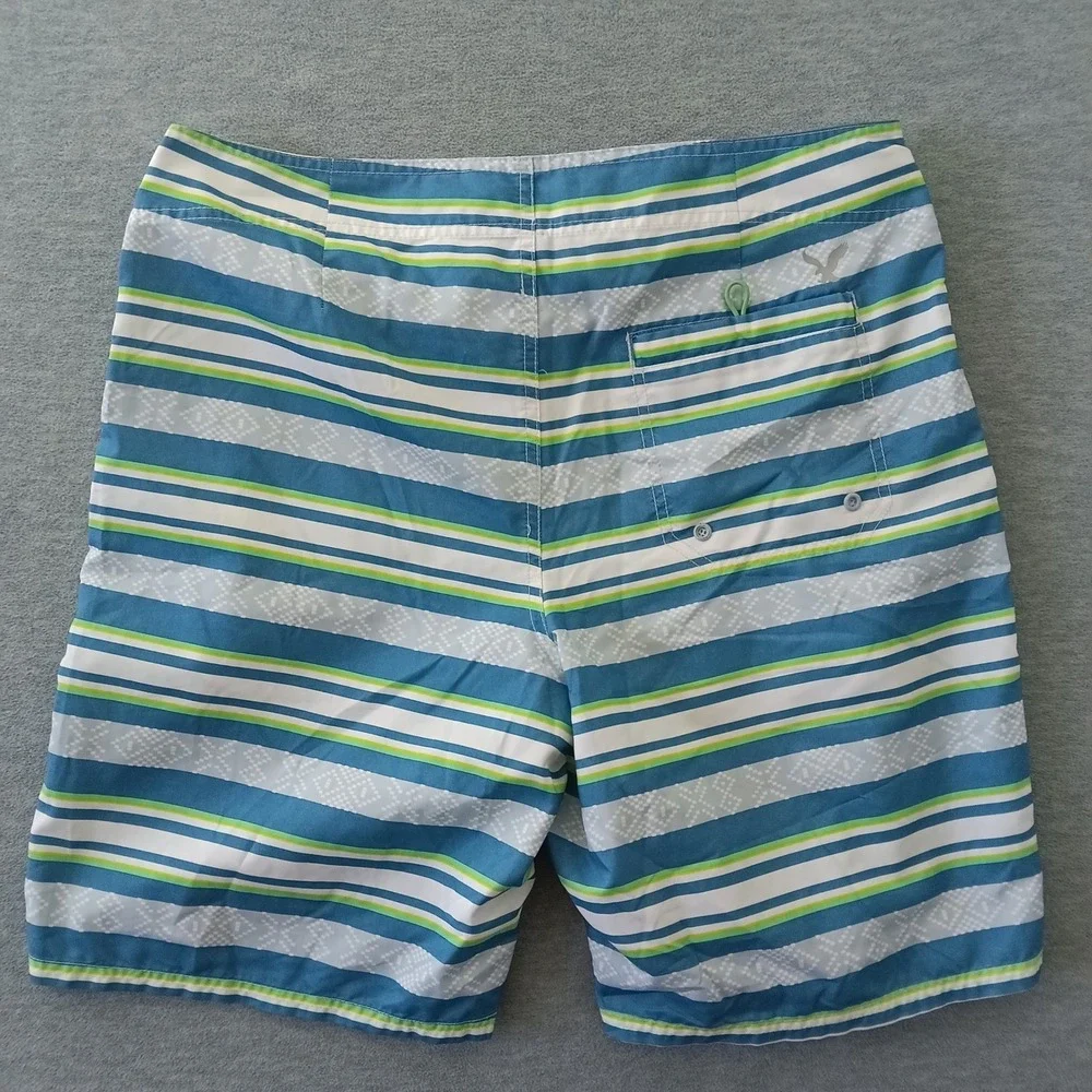 American Eagle Outfitters Blue Striped Board Shorts Mens Large Neon Drawstring